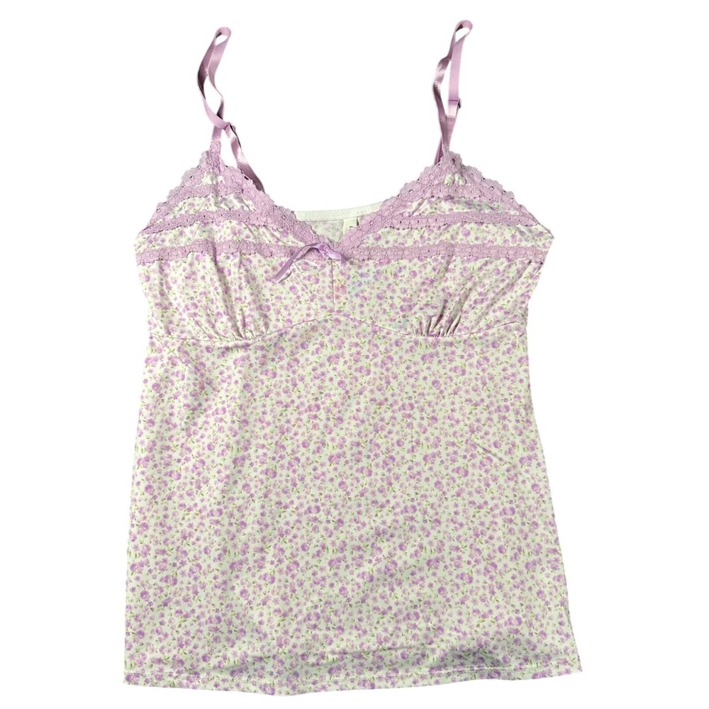Laura Ashley Tank Lrge White Purple Floral Babydoll Sleepwear Adjustable Straps